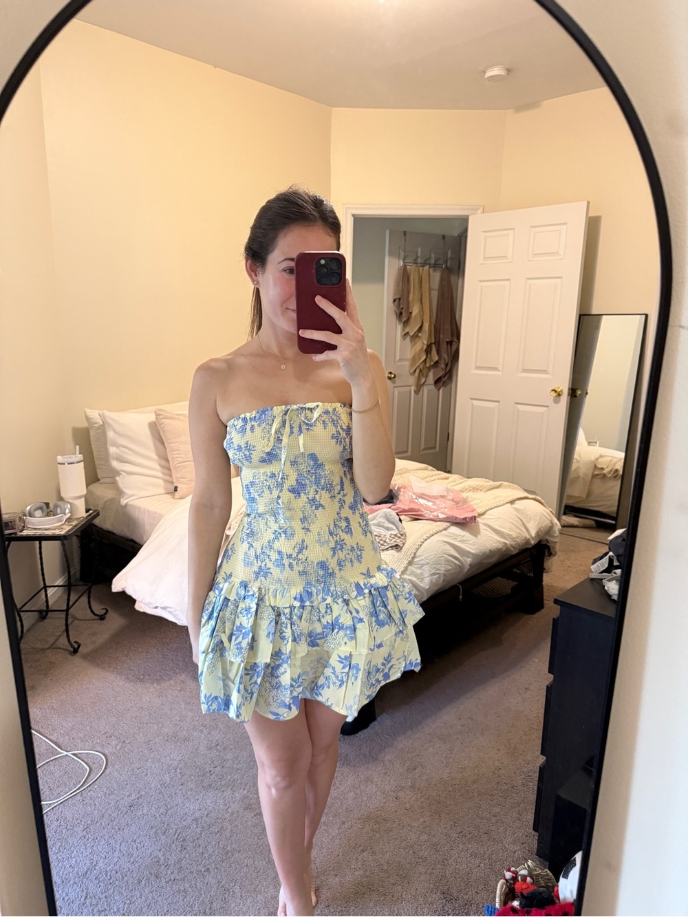 Olivaceous Cream&Blue Strapless Floral Ruffle Mini Dress
